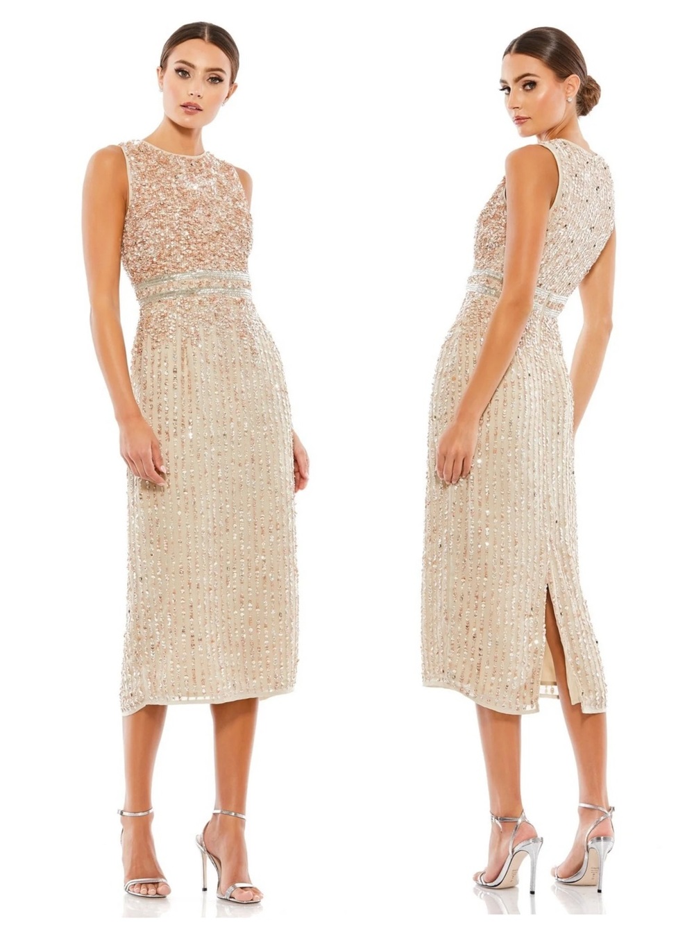 Mac Duggal Nude Sequined Beaded Sleeveless Midi Sheath Dress 10509 NWT $298